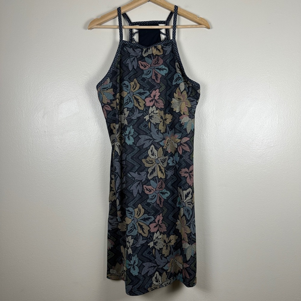 prAna Women's XL Halter Dress Black Multi Geometric Floral Lattice Back